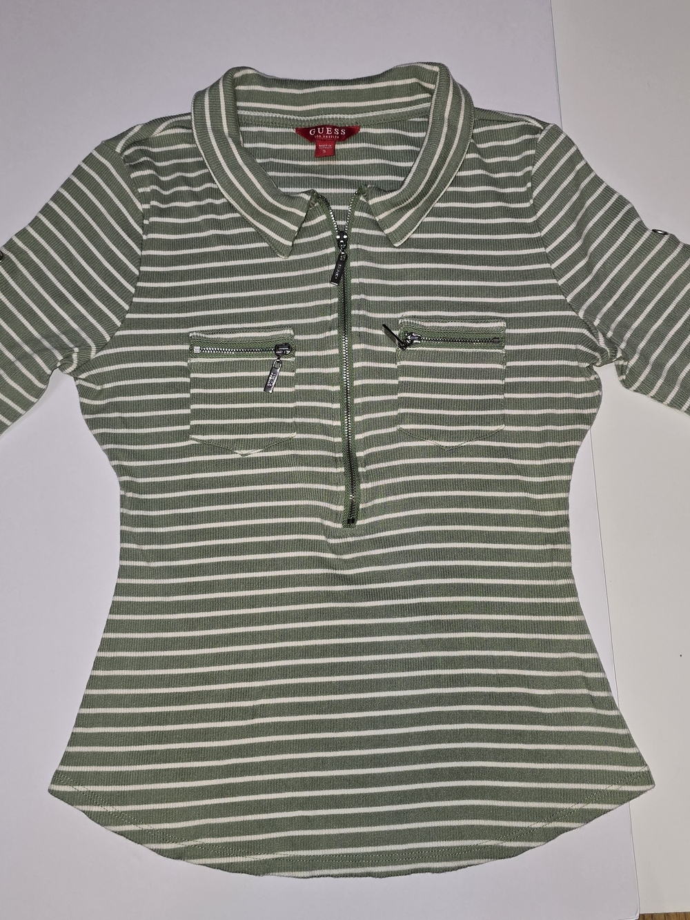 GUESS Green & White Striped Zip Polo Shirt w/ Chest Pockets